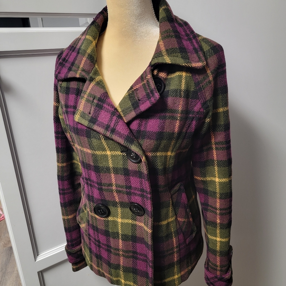 Aeropostale Plaid Wool Blend Pea Coat Purple Juniors M Lined Y2K MISSING BUTTON